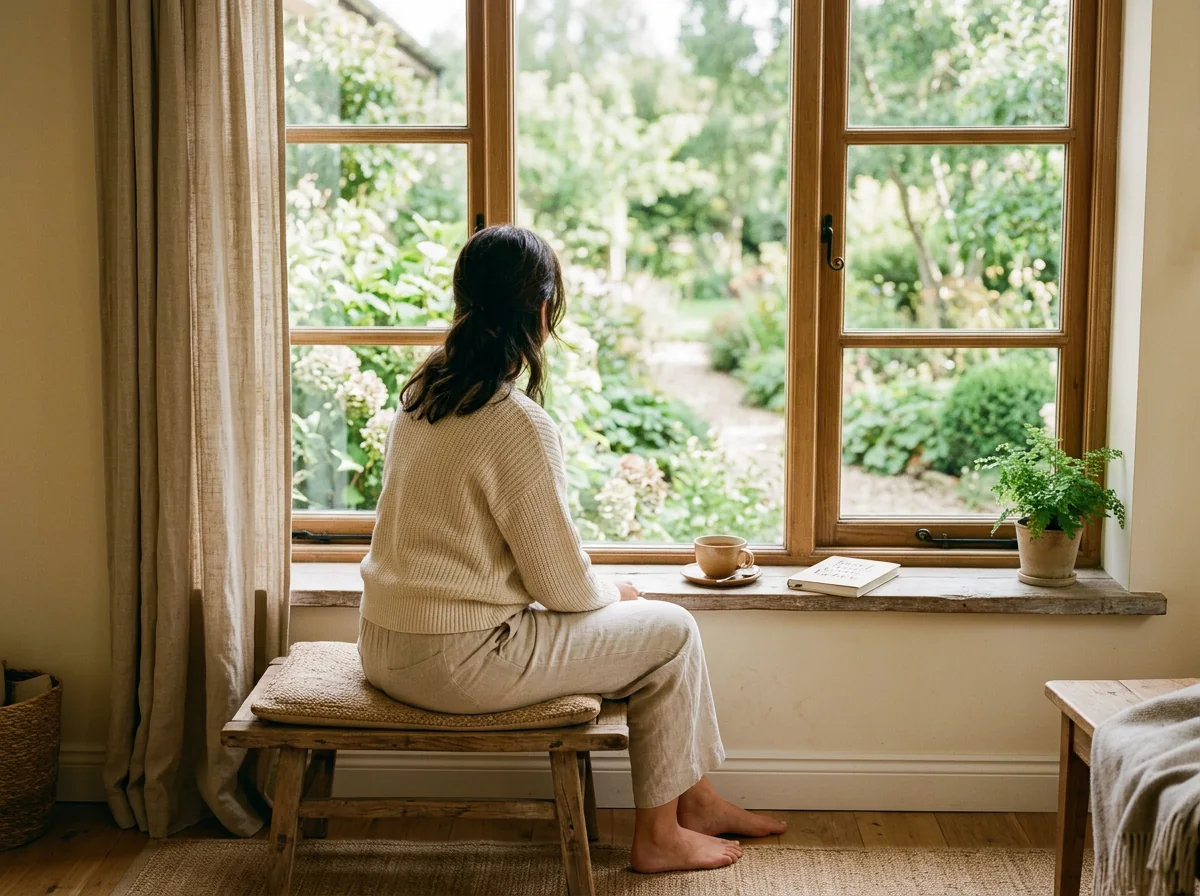 Dagelijkse gehoorroutine, rustmoment bij raam, gezonde leefstijl auraal welzijn